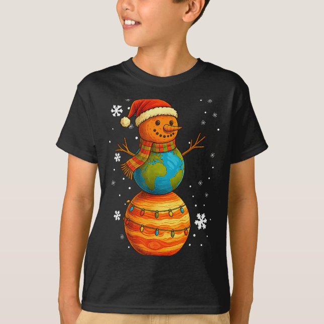 Planet Snowman Earth Saturn Christmas Holiday Art  T-Shirt (Vorderseite)