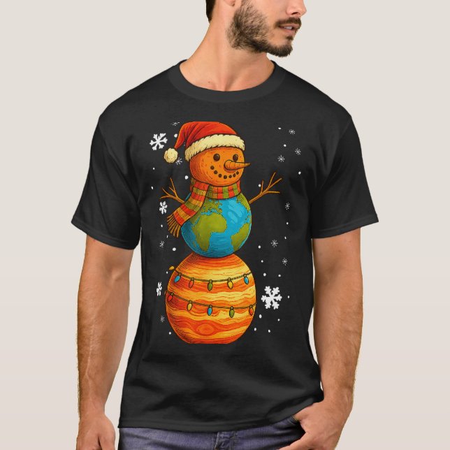 Planet Snowman Earth Saturn Christmas Holiday Art  T-Shirt (Vorderseite)