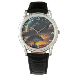 Planet Tree - Crown Protector Black Leather Watch Armbanduhr