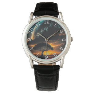 Planet Tree - Crown Protector Black Leather Watch Armbanduhr