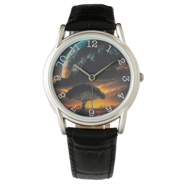 Planet Tree - Crown Protector Black Leather Watch Armbanduhr (Vorderseite)