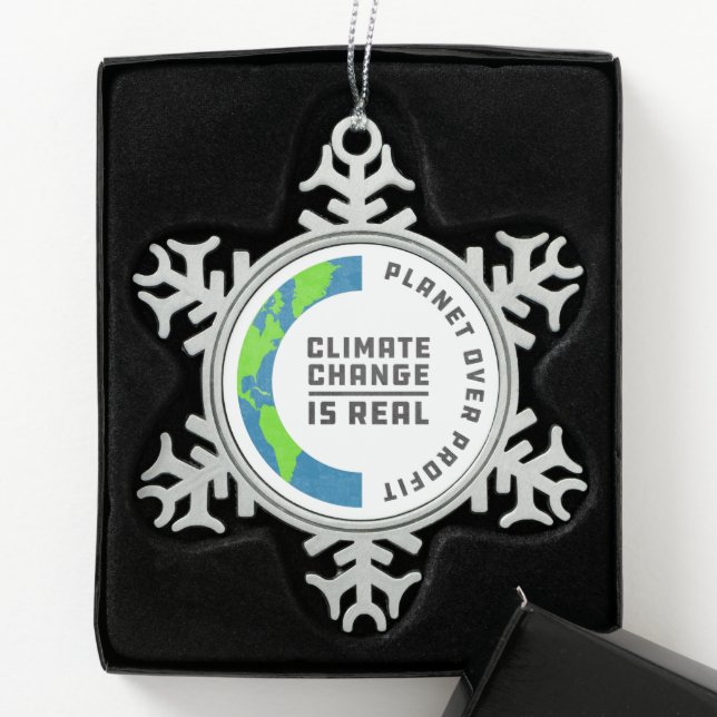 Planet über Gewinn für den globalen Klimawandel Schneeflocken Zinn-Ornament (Box)