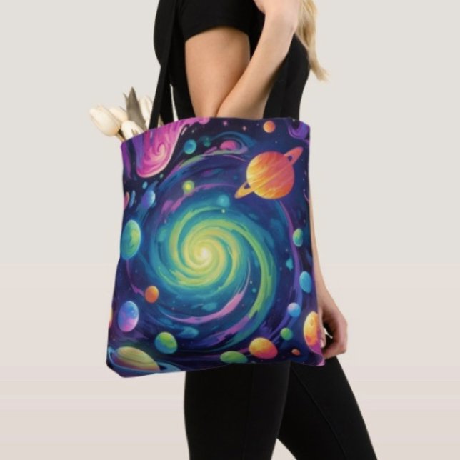 Planetarischer Spin (Space Tote Bag — 100% polyester, black laminated lining 100% cotton web hand. Made in the USA.)