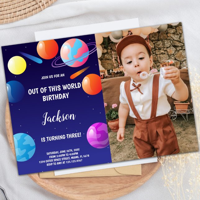 Planeten Geburtstagseinladungen Lila mit Foto Einladung (Planets Birthday Invitations Purple with photo)