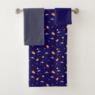 Planeten Sterne Muster blau dunkelgrau Set Handtuc