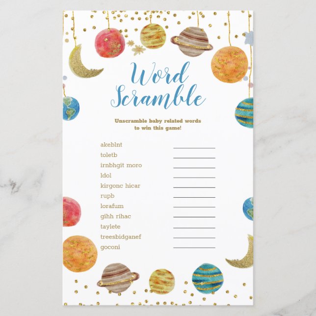 Planeten Weltraum Kinderdusche Word Scramble (Vorderseite)