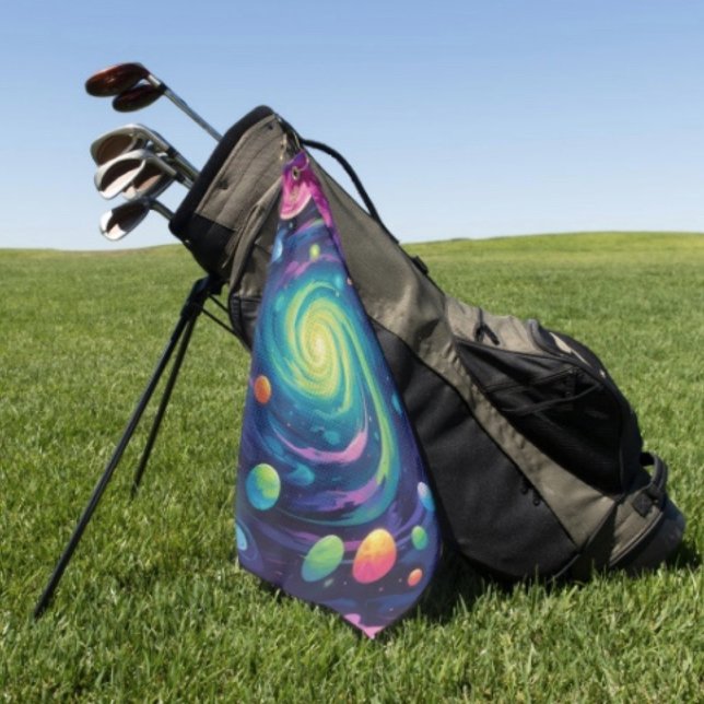 Planetenspin Golfhandtuch (Neon Galaxy Space Golf Towel – Cosmic Spiral Planets Club Towel Trippy Nebula Golfer Sports Gift
)