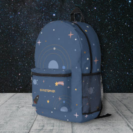 Planets & Rocket, Outer Space Blue Backpack Bedruckter Rucksack