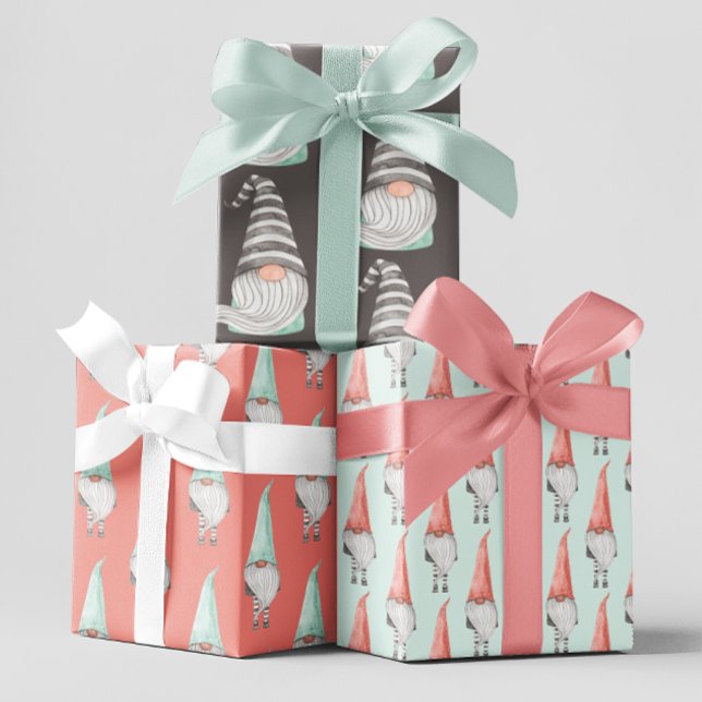 Planpapier aus Gnome, flach, Set von 3 Geschenkpapier Set (Celebrate someone special with these cute watercolor gnome wrapping paper sheets! )