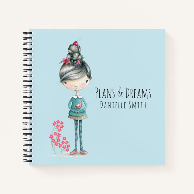 "Plans & Dreams" Niedliches Boho Girl with Bird Notizbuch (Vorderseite)