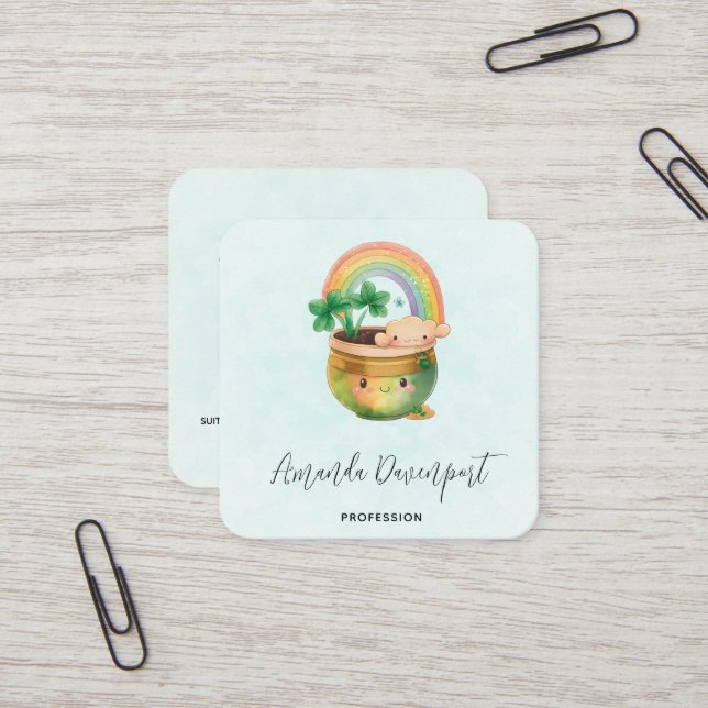 Planter mit Regenbogen und Klee Quadratische Visitenkarte (Vorderseite/Rückseite Beispiel)