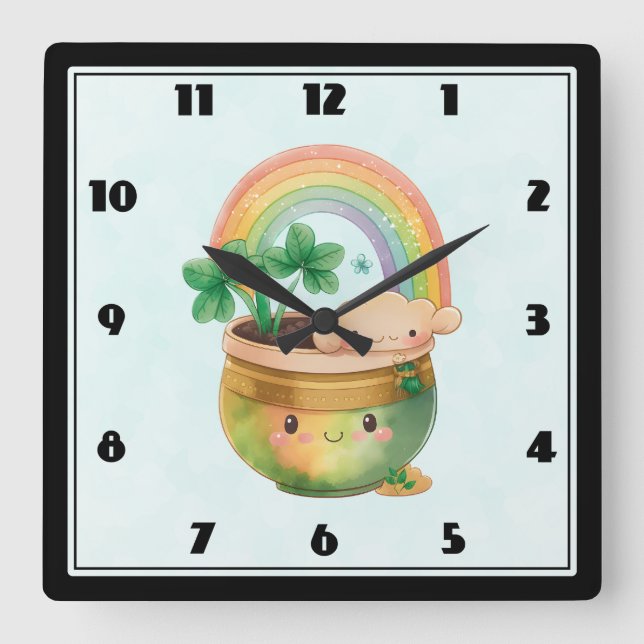 Planter mit Regenbogen und Klee Quadratische Wanduhr (Vorderseite)