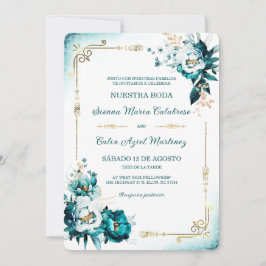 Plantilla de Boda Verde Azulado y Dorado Einladung