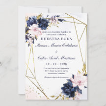 Plantilla de invitación de boda azul real y rubor