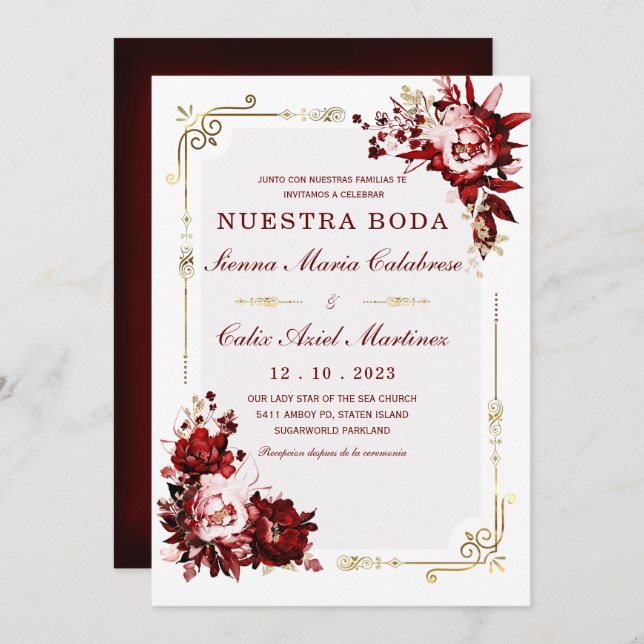 Plantilla Editable de Boda en Burdeos y Dorado Einladung (Vorne/Hinten)