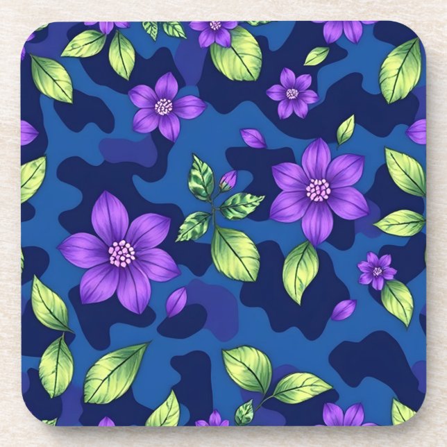 Plastic Metallic Blue Purple Flowers Camo Coaster  Getränkeuntersetzer (Vorderseite)