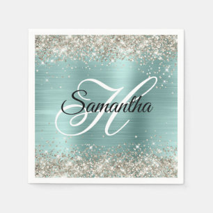 Platin-Glitter Blass Türkis Folien-Monogramm Serviette