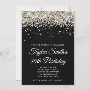 Platin Glitter Schwarz 30. Geburtstag Einladung