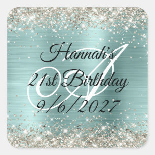 Platin Glitter Türkis Folien Monogramm 21. Geburts Quadratischer Aufkleber