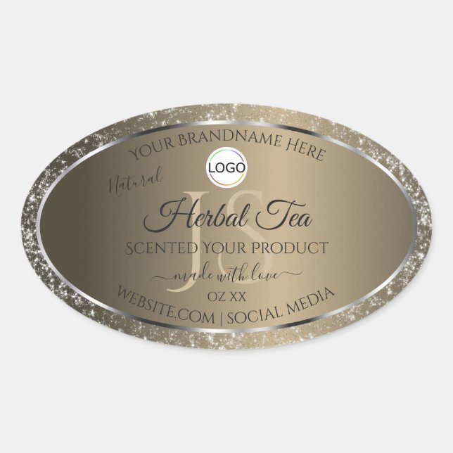 Platinum Beige Logo Initial Glitzer Product Label Ovaler Aufkleber (Vorderseite)
