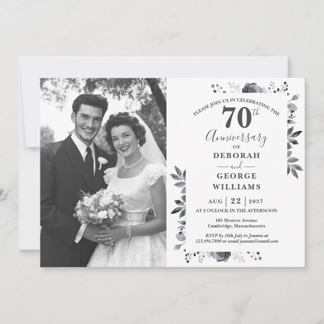 Platinum Floral 70. Hochzeitstag Foto Einladung (Vorderseite)