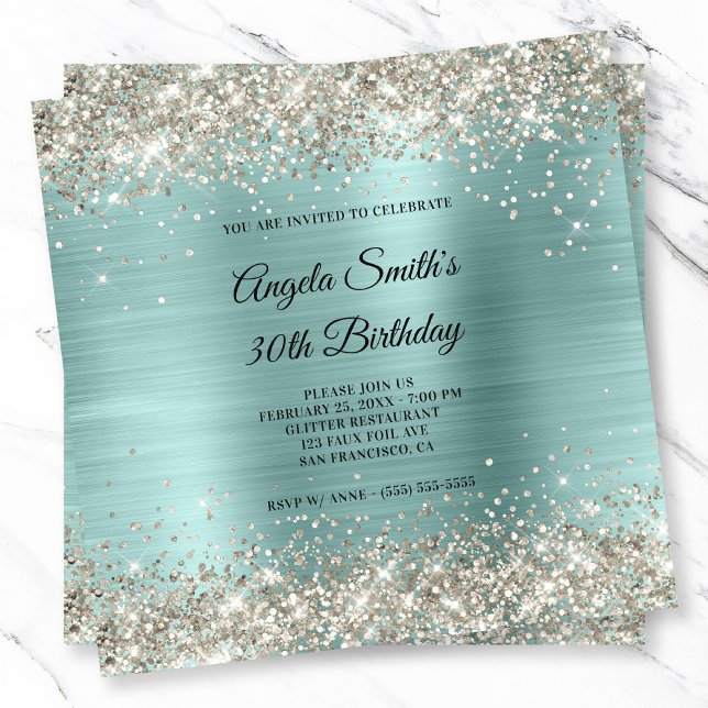 Platinum Glitzer Pale Turquoise Foil Monogramm Einladung (Platinum Glitter Pale Turquoise Foil Monogram Invitation)