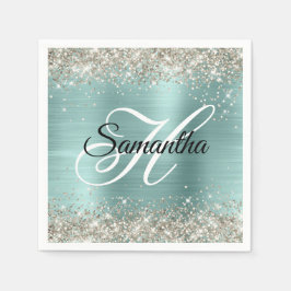 Platinum Glitzer Pale Turquoise Foil Monogramm Serviette