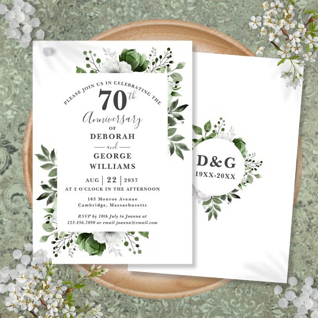 Platinum Greenery 70. Hochzeitstag Einladung (Platinum Greenery 70th Wedding Anniversary Invitation)