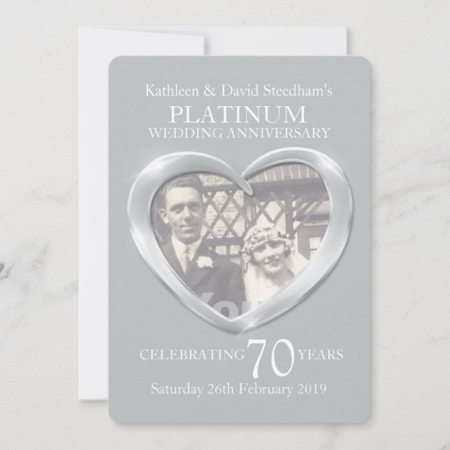Platinum Hochzeitsherz Foto 70 Jahre Party laden Einladung (Vorderseite)
