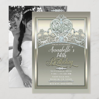 Platinum Ivory Princess Heart Tiara Birthday Foto Einladung