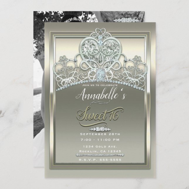 Platinum Ivory Princess Heart Tiara Sweet 16 Party Einladung (Vorne/Hinten)
