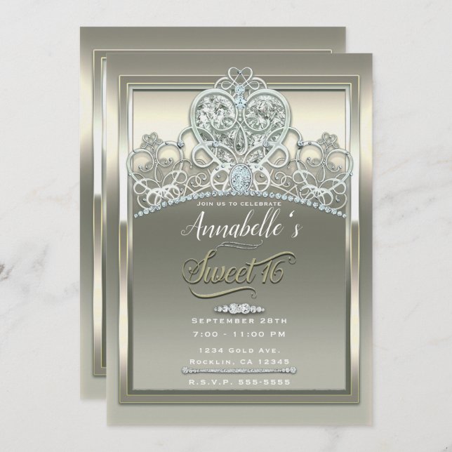 Platinum Ivory Princess Heart Tiara Sweet 16 Party Einladung (Vorne/Hinten)