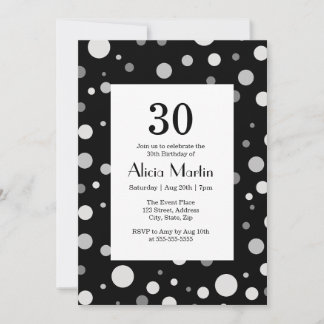 Platinum Silver Gray Polka Dot Black 30 Geburtstag Einladung