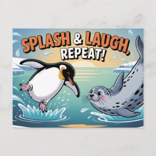"Platscher & Lache" Whimsischer arktischer Pinguin Postkarte