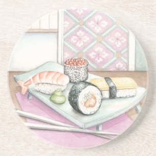 Platte der sortierten Sushi mit Essstäbchen Getränkeuntersetzer