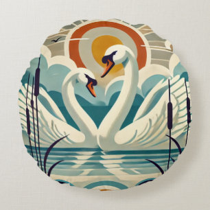 Plattensee mit Schwänen - Retro-Stil     Rundes Kissen