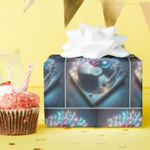 Plattenspieler mit tanzenden Neon-Noten Geschenkpapier