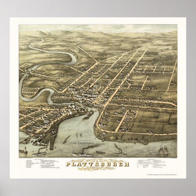 Plattsburgh, NY Panoramic Map - 1877 Poster (Vorne)