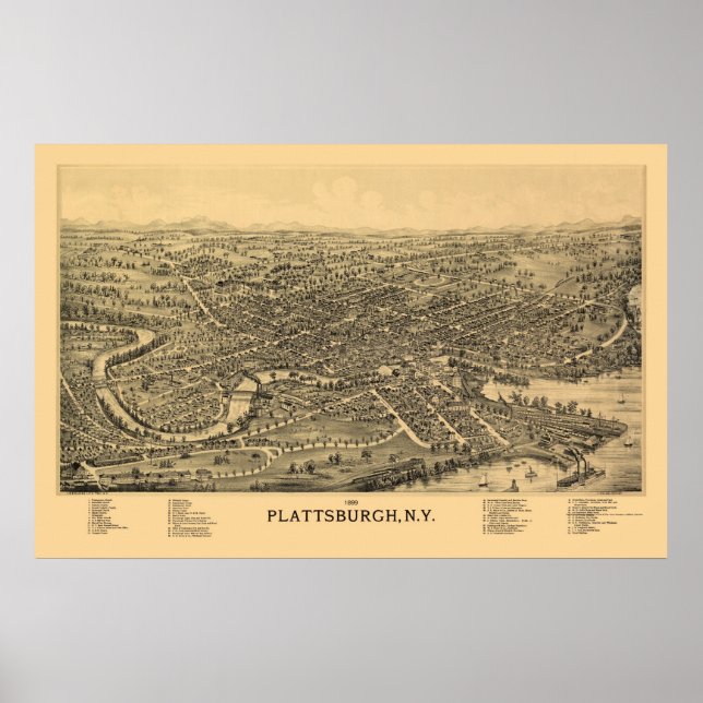 Plattsburgh, NY Panoramic Map - 1899 Poster (Vorne)