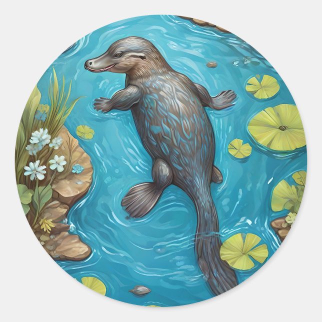 Platypus im Fluss. Runder Aufkleber (Vorderseite)