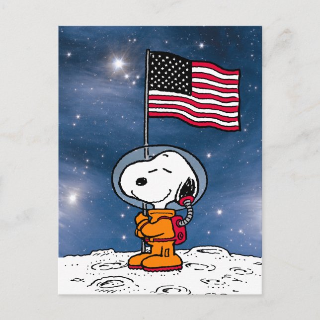 PLATZ | Snoopy mit Flaggenastronaut Postkarte (Vorderseite)