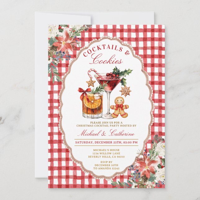 Plätzchen & Cocktails Cozy Rustic Rot Gingham Einladung (Vorderseite)