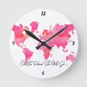Plätze geht sie Zitat-rosa Aquarell-Weltkarte Runde Wanduhr