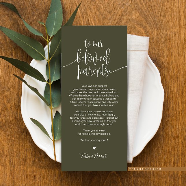 Platzieren Sie Dankeschön-Karte für geliebte Elter Programm (Wedding Dinner or Elopement Brunch Place Setting Thank You Card, In Modern Rustic Olive Green)