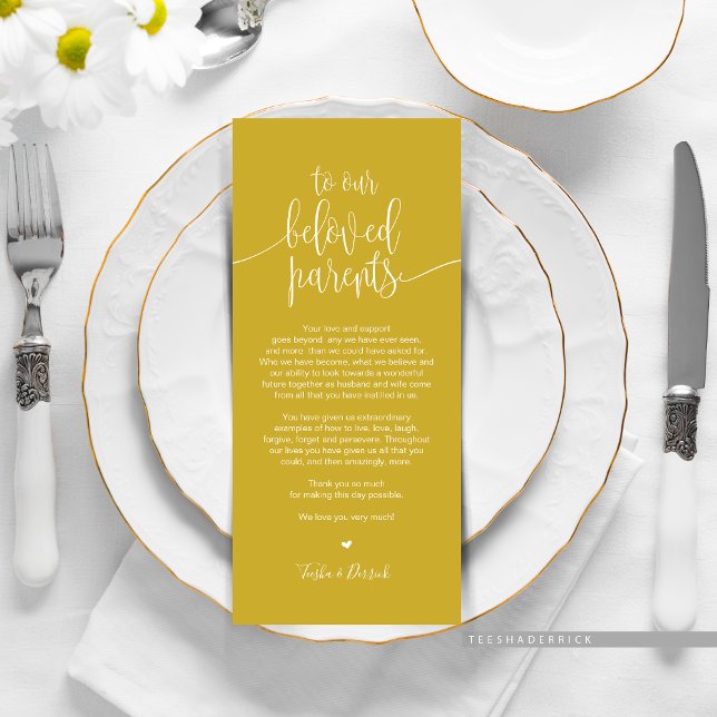 Platzieren Sie Dankeschön-Karte für geliebte Elter Programm (Wedding Dinner or Elopement Brunch Place Setting Thank You Card, In Modern Mustard Yellow Gold)