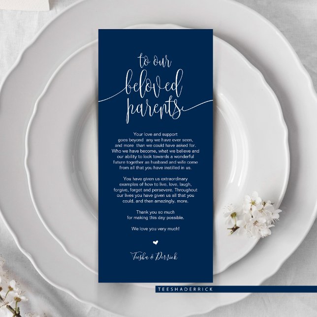 Platzieren Sie Dankeschön-Karte für geliebte Elter Programm (Wedding Dinner or Elopement Brunch Place Setting Thank You Card, In Modern Classy Romantic Navy Blue)