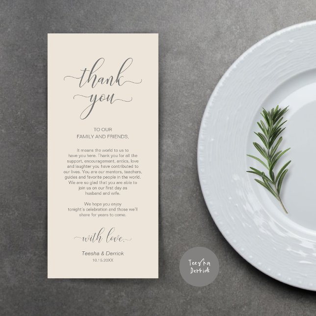 Platzierung Danke, elegante Cream Gray Card Programm (Wedding Dinner Place Setting Thank You Card, Modern Classy Design, Grey and Cream)