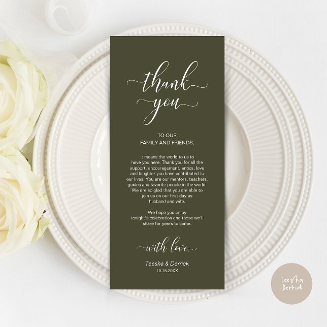 Platzierung Dankeschön, elegante Olive Green Card Programm (Wedding Dinner Place Setting Thank You Card, Modern Classy Design, Olive Green)