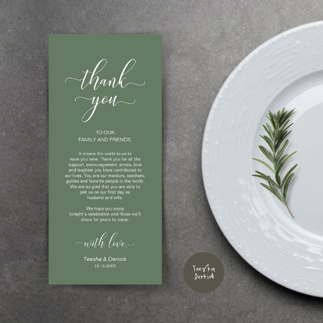 Platzierung Vielen Dank, elegante Sage Green Card Programm (Wedding Dinner Place Setting Thank You Card, Modern Classy Design, Forest Sage Green)