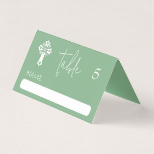 Platzkarte Floral Cross Christening Sage Green